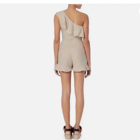INTERMIX Linen Blended Pinstriped Beige/Cream, One Shoulder Ruffle Romper, Small - Picture 3 of 16